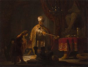 Daniel en Cyrus voor het afgodsbeeld Bel door Rembrandt van Rijn