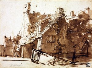 Boerderij in zonlicht - Rembrandt van Rhijn (1606-1669) - 1635-1636 - Pen, penseel, bruine kleur op papier - 16,4x22,3 cm - Szepmuveszeti Muzeum, Boedapest door Rembrandt Harmensz. van Rijn