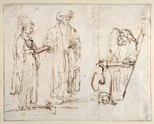 Laban brengt Leah naar Jacob, met Jacob overdekt door een fragment van een andere tekening; een engel met een hond liggend aan zijn voeten door Rembrandt Harmensz. van Rijn