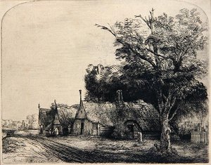Landschap met drie hutten door Rembrandt Harmensz. van Rijn