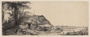 Landschap met een huisje en een grote boom door Rembrandt Harmensz. van Rijn