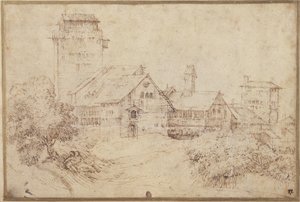 Landschap met gebouwen en geliefden, omhelzend, naar Titian door Rembrandt Harmensz. van Rijn