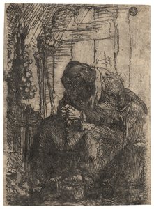 Oude vrouw zittend in een huisje met een snoer uien aan de muur, ca. 1629 (ets)