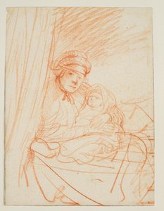 Saskia zittend in bed, een kind vasthoudend