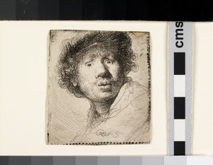 Zelfportret met een pet, open mond door Rembrandt van Rijn