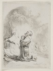 St. Hiëronymus biddend: Gebogen prent