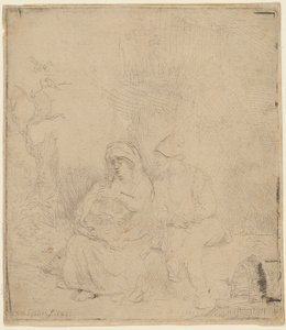 De rust tijdens de vlucht naar Egypte: licht geëtst door Rembrandt Harmensz. van Rijn