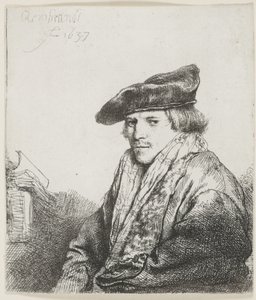 Jonge man met een fluwelen pet en boeken naast hem