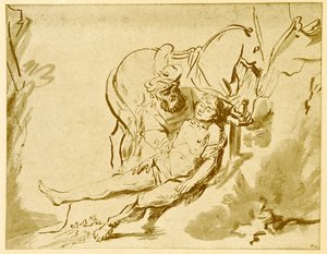 De barmhartige Samaritaan onderzoekt de gewonde door Rembrandt van Rijn