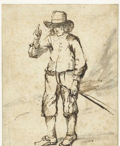 Staande jongen met een zweep en zijn rechterhand omhoog door Rembrandt van Rijn (school of)