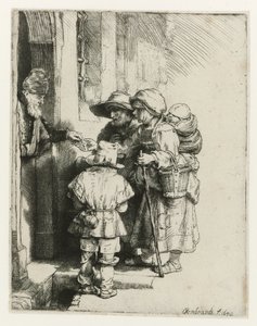 Een blinde draailierspeler en zijn familie door Rembrandt van Rijn