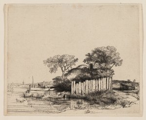 Een Cottage met Witte Omheining door Rembrandt van Rijn