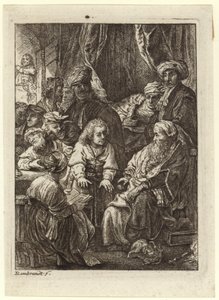 Een menigte mensen verzameld rond een zittende oude man door Rembrandt van Rijn