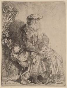 Abraham die Isaak liefkoost door Rembrandt van Rijn