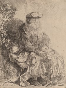Abraham streelt Isaak door Rembrandt van Rijn