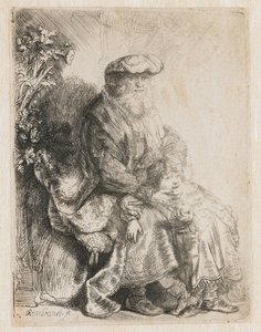 Abraham streelt Isaac door Rembrandt van Rijn