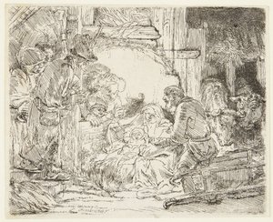 De aanbidding van de herders met de lamp door Rembrandt van Rijn