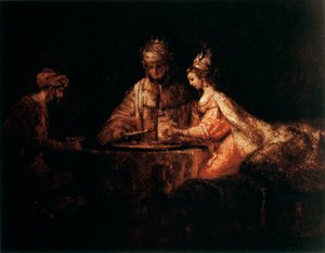 Assuerus, Haman en Esther door Rembrandt van Rijn