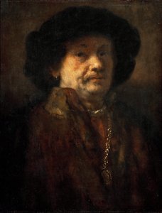 Zelfportret in een bontjas met gouden ketting en oorbel