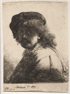 Zelfportret met baret en sjaal door Rembrandt van Rijn