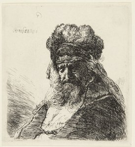 Een bebaarde oude man met een hoge bontmuts, met gesloten ogen door Rembrandt van Rijn