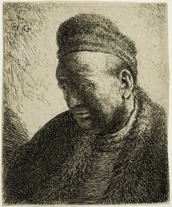 Baardloze Man in een Bontjas en Muts: Buste door Rembrandt van Rijn