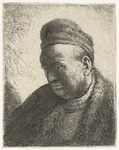 Baardloze man in een bontjas en muts: buste door Rembrandt van Rijn