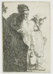 Bedelaar man en vrouw achter een bank door Rembrandt van Rijn