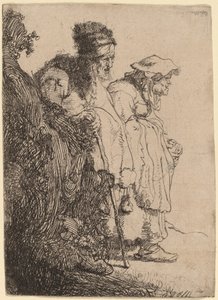 Bedelaar man en vrouw achter een bank door Rembrandt van Rijn