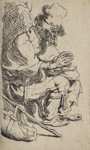 Bedelaar zittend zijn handen verwarmend aan een vuurpot, ca. 1630 door Rembrandt van Rijn