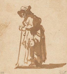 Bedelvrouw leunend op een stok door Rembrandt van Rijn