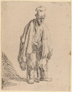 Bedelaar met een hoge muts, staand en leunend op een stok door Rembrandt van Rijn