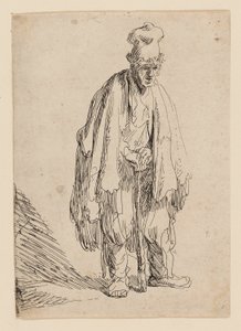 Bedelaar met een hoge muts, staand en leunend op een stok door Rembrandt van Rijn