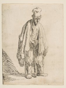 Bedelaar met een Hoge Hoed, Staand en Leunend op een Stok, ca. 1629 door Rembrandt van Rijn