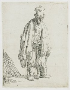 Een bedelaar met een hoge pet, staand en leunend op een stok door Rembrandt van Rijn