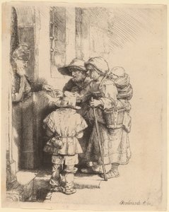 Bedelaars Ontvangen Aalmoezen bij de Deur van een Huis door Rembrandt van Rijn