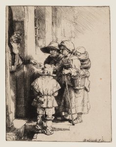 Bedelaars die aalmoezen ontvangen bij de deur van een huis door Rembrandt van Rijn