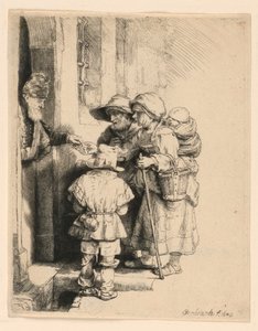 Bedelaars ontvangen aalmoezen aan de deur van een huis door Rembrandt van Rijn