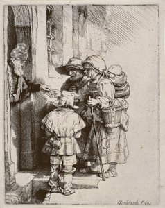 Bedelaars ontvangen aalmoezen aan de deur van een huis, 1648