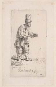 Boer leunend op een stok door Rembrandt van Rijn