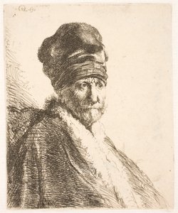 Buste van een man (Rembrandts vader) met een hoge muts, driekwartprofiel door Rembrandt van Rijn
