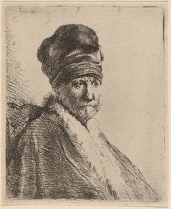 Borstbeeld van een Man met een Hoge Muts, Driekwart Rechts (De Vader van de Kunstenaar?) door Rembrandt van Rijn