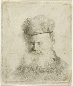 Buste van een oude man met een bontmuts en vloeiende baard, bijna volledig gezicht door Rembrandt van Rijn