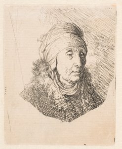 Buste van een oude vrouw met een hoge hoofdtooi die onder de kin is vastgebonden door Rembrandt van Rijn