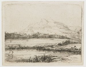 Kanaal met een visser en twee zwanen door Rembrandt van Rijn