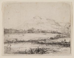 Kanaal met een visser en twee zwanen door Rembrandt van Rijn