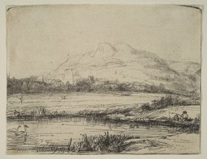 Kanaal met een visser en twee zwanen, 1650 door Rembrandt van Rijn