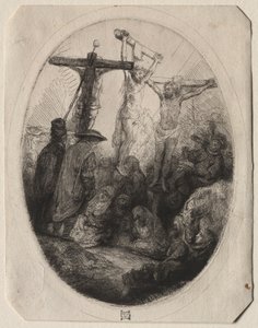 Christus Gekruisigd Tussen Twee Dieven: Een Ovale Plaat door Rembrandt van Rijn