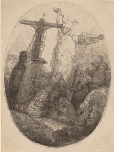 Christus gekruisigd tussen de twee dieven: een ovaal bord, ca. 1641 door Rembrandt van Rijn