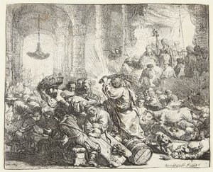Christus verdrijft de geldwisselaars (B.69; BB. 35-Bii) door Rembrandt van Rijn